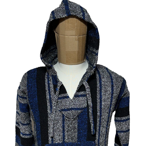 Baja Hoodie Mens Medium Blue Black Striped Drug Rug Tapestry Pullover Hippie - Picture 5 of 8
